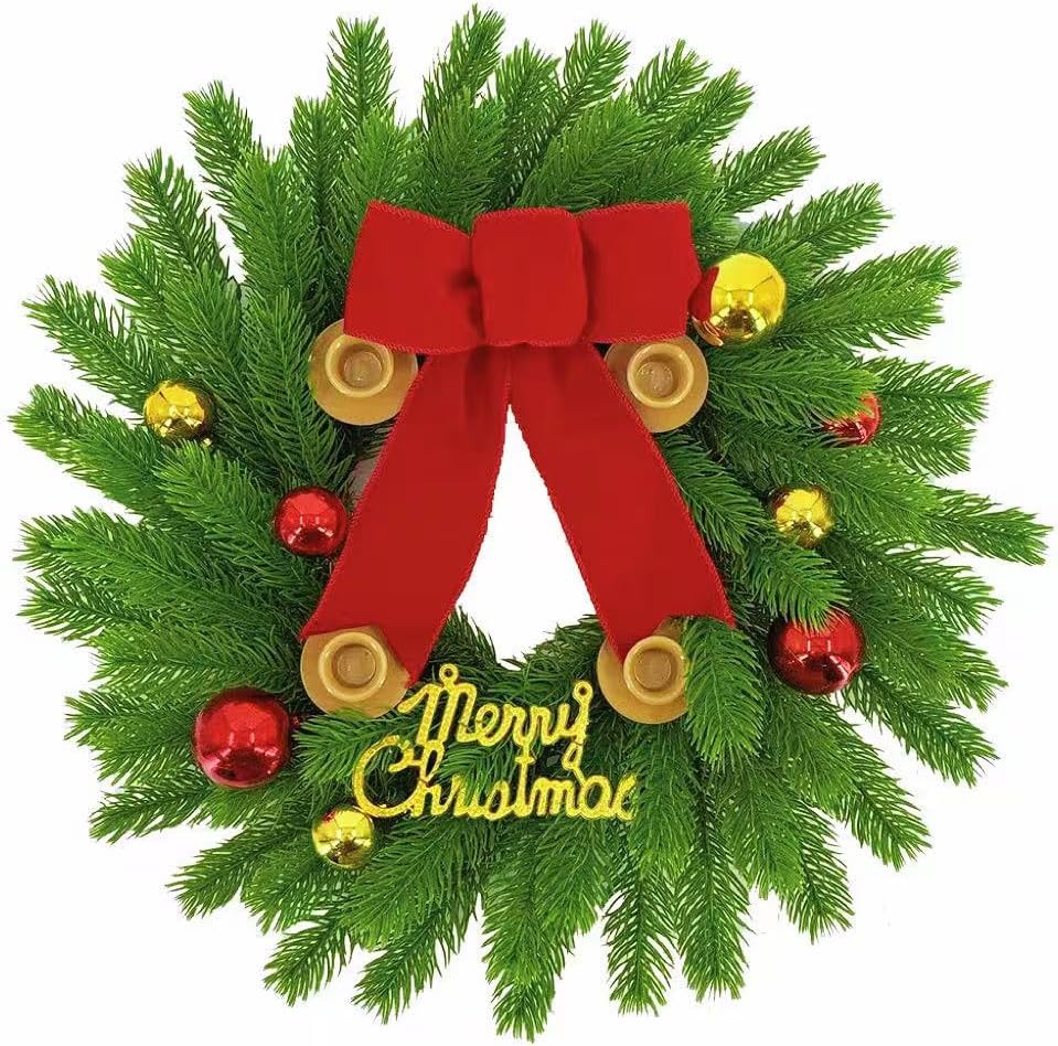 20Inch Christmas Candle Wreath, Realistic Pine Advent Wreath with Red Gold Balls and Bow, Kitchen Cabinet Candle Holder for Table Wall Window Porch Front Door Fireplace Decor