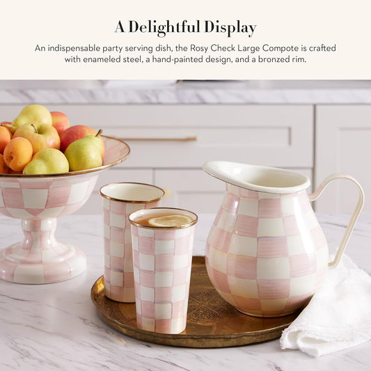 MACKENZIE-CHILDS Enamel Compote, Cute Enamel Pedestal Serving Dish or Decorative Bowl, Large, Pink-and-White Rosy Check