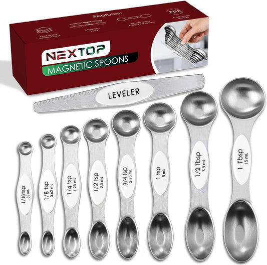 Magnetic Measuring Spoons Set of 9 Stainless Steel Dual-Sided Stackable Measuring Spoon Nesting Teaspoons Measuring Dry and Liquid Ingredients, Fits in Spice Jars Set of 9 (White)