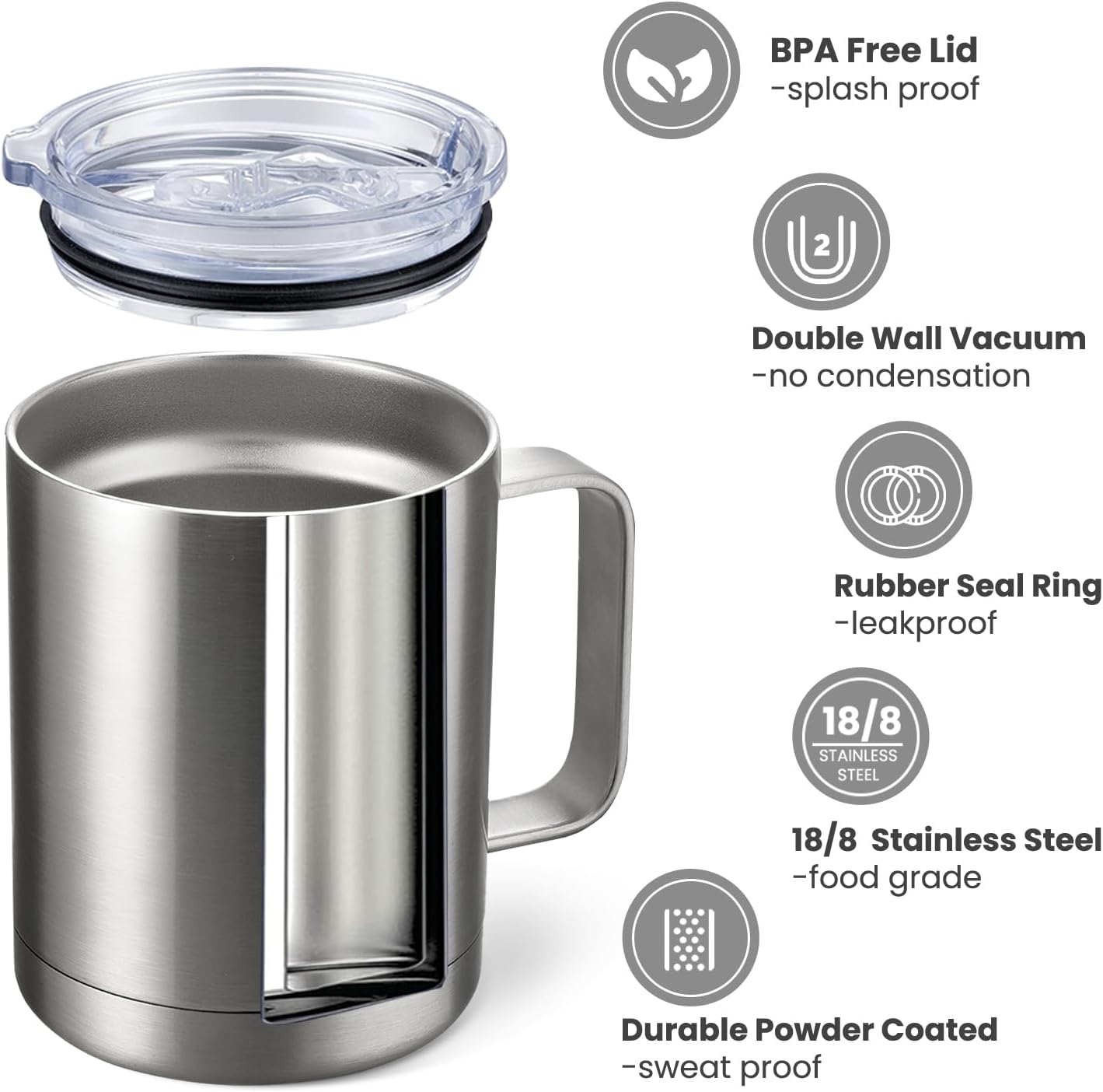 MEWAY 12oz Coffee Mug With Handle 8 Pack Bulk,Stainless Steel Insulated Travel Tumblers With Sliding Lid,Double Wall Vacuum Camping Cup for Hot & Cold Drinks Tea (Sliver,Set of 8)