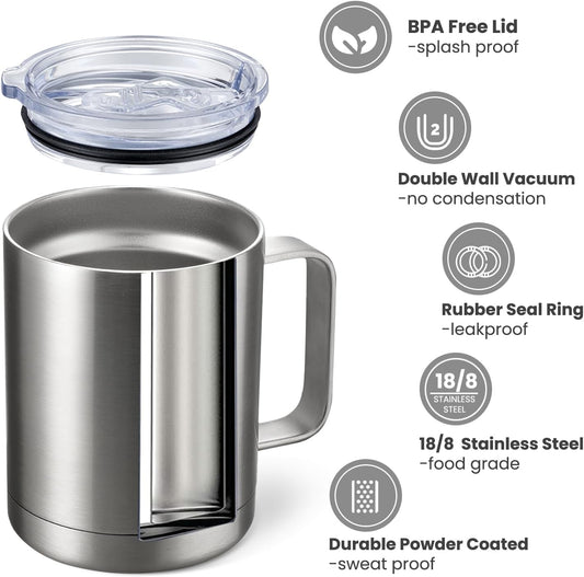 MEWAY 12oz Coffee Mug With Handle 2 Pack Bulk,Stainless Steel Insulated Travel Tumblers With Sliding Lid,Double Wall Vacuum Camping Cup for Hot & Cold Drinks Tea (Sliver,Set of 2)