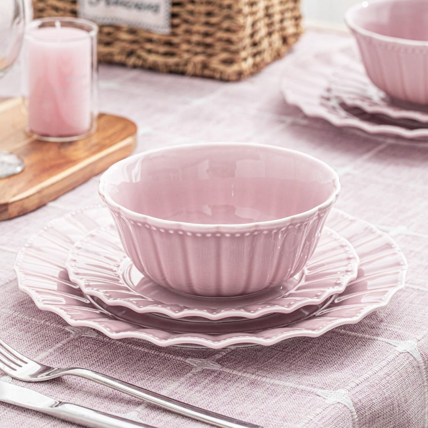 Plates and Bowls Sets for 4, 12 Piece Dinnerware Sets, Porcelain Plate Set, Microwave and Dishwasher Safe, Wedding kitchen & dining, Dreamy Sakura Pink