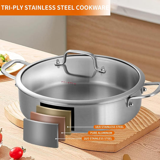 DELARLO Stainless Steel Pans,6QT Saute Pan,12 inch Everyday Pan with Lid,Dishwasher-Friendly Braiser,Stay-Cool Handles,Oven-Safe Up to 660℉