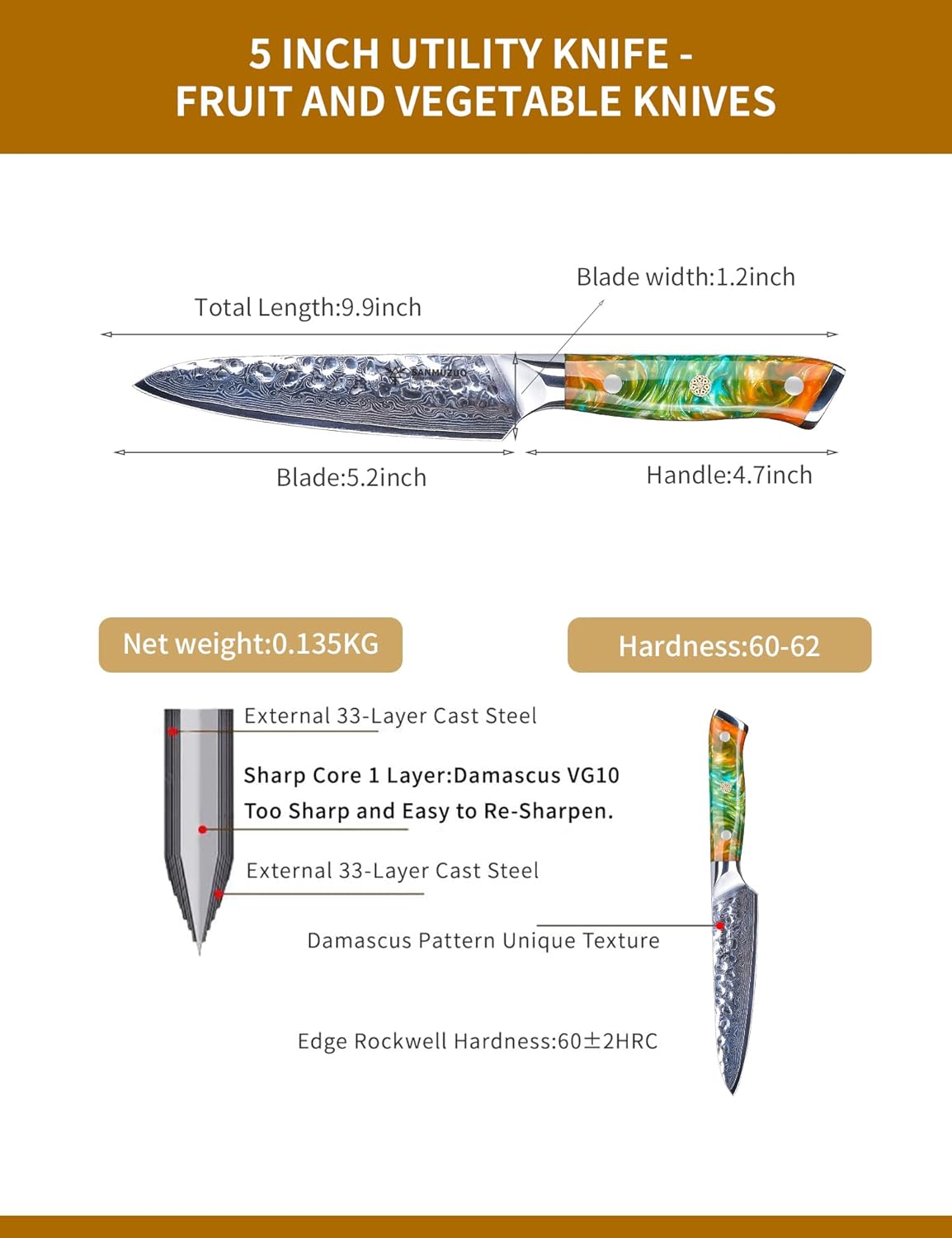 5 Inch Utility Knife - Fruit and Vegetable Knives, 67 Layers Forged Damascus Steel & Resin Handle - Yao Series