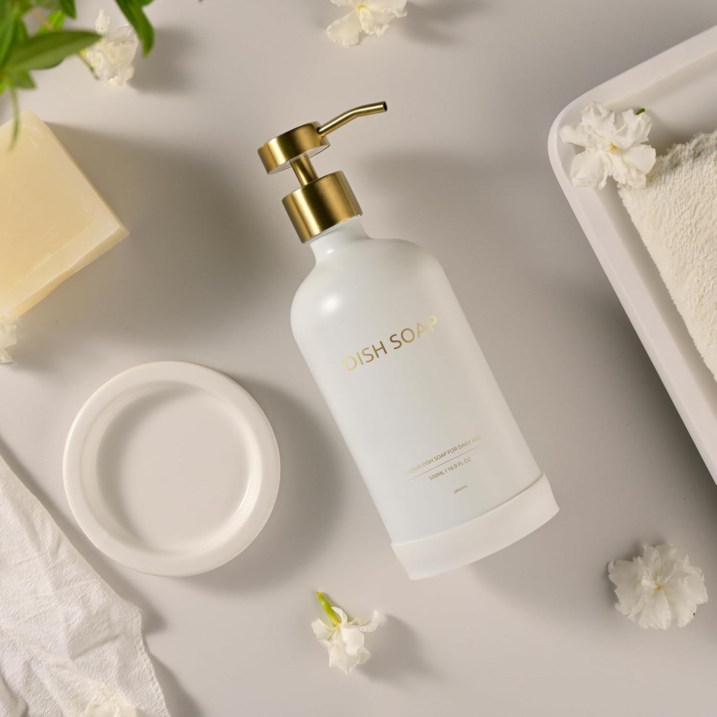 Glass Soap Dispenser Set by Janxin,Bathroom Soap Dispenser Set with Ceramic Tray,Luxury Bathroom Accessories,Modern Kitchen Decor (White+Gold(Dish Soap))