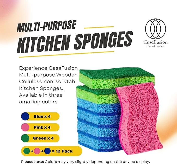 Non-Scratch Cellulose Scrub Sponges, Multipurpose ECO Friendly Plant Based Kitchen Cleaning Sponges, Dual-Sided, with Pan and Grill Scrappers, 12 Pack Blue, Green and Pink