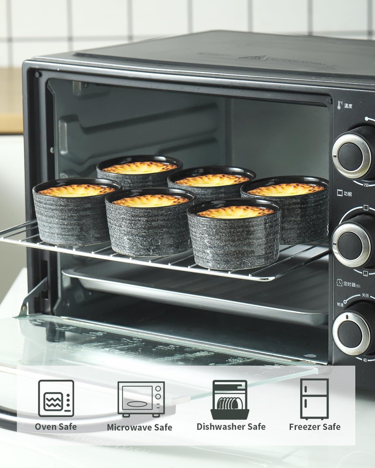 Hasense 6 oz Ramekins for Baking,Ceramic Souffle Dish Oven Safe Set of 6,Porcelain Dipping Sauce Bowls for Pudding, Creme Brulee, Souffle, Serving Dip, Custard, Ice Cream, Grey