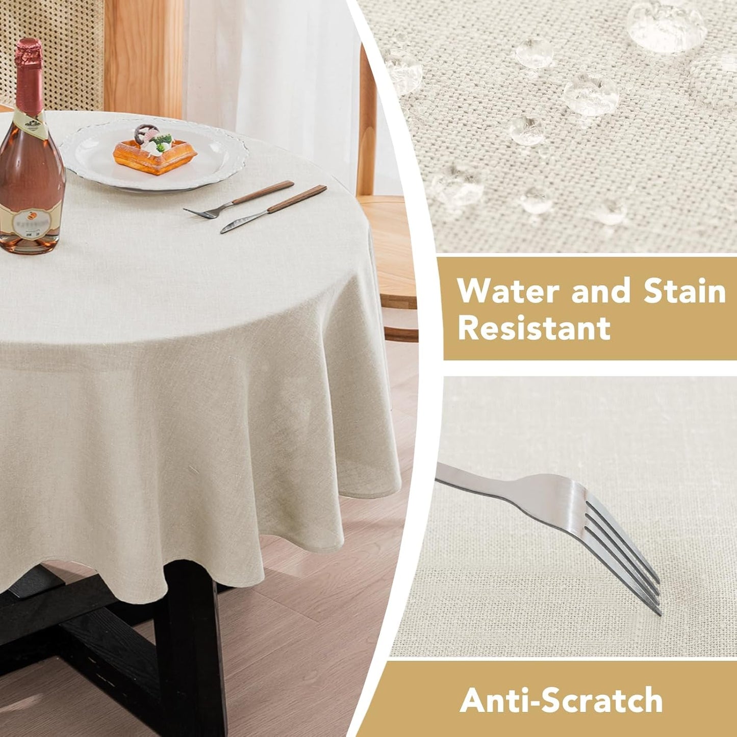 H.VERSAILTEX Linen Table Cloths Round 60 Inch Premium Tablecloth Spill-Proof Waterproof Table Cover for Dining Buffet Feature Extra Soft and Thick Fabric Wrinkle Free, Natural