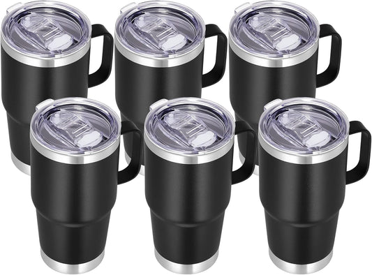 VEGOND 20 oz Tumbler Bulk with Handle Lid and Straw, Stainless Steel Insulated Travel Coffee Mug Set, Spill Proof Double Wall Metal Tumblers Cups, Black 6 Pack