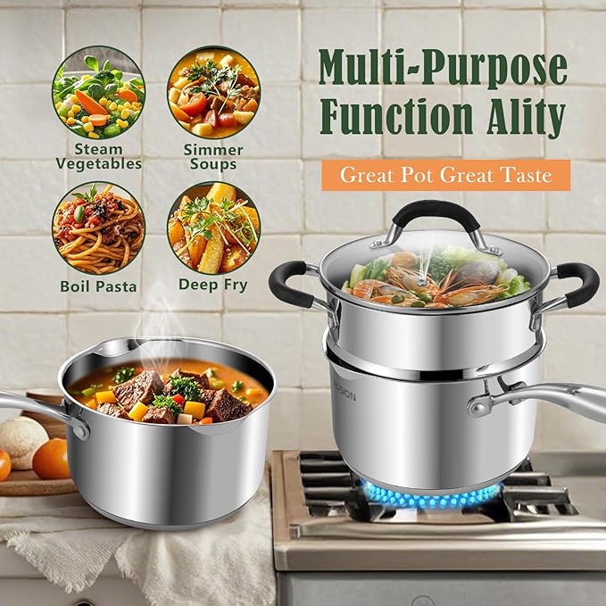 AOSION 3.5 Quart Stainless Steel Saucepan with Steamer Basket,Tri-ply Full Body Steamer Pan,Two Side Spouts for Easy Pour with Ergonomic Handle,Perfect for Vegetables,Boiling,Pasta,Noodles