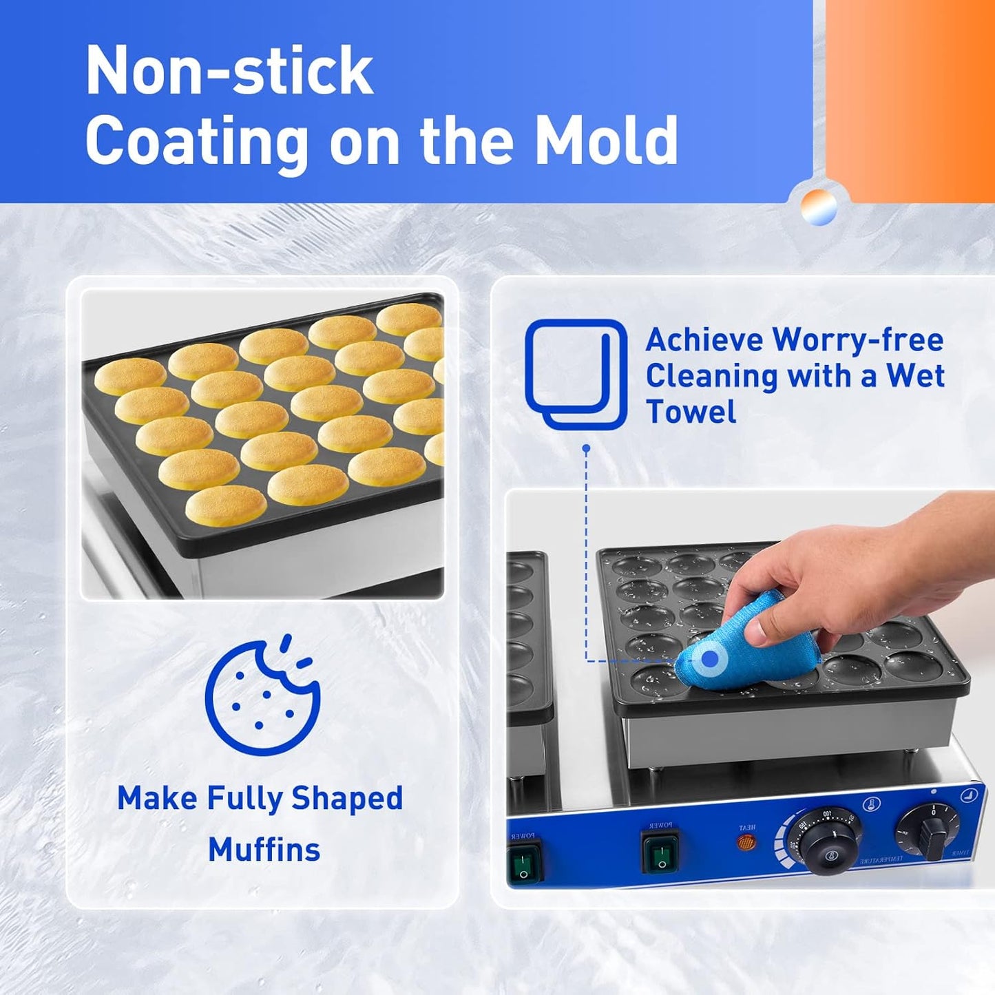 1600W Commercial Double Mini Pancake Maker, 50 Grids Electric Mini Pancake Griddle Non-Stick Stainless Steel Dutch Pancake Maker w/Time & Temper Adjustable, Large Waffle Machine for Restaurant Party