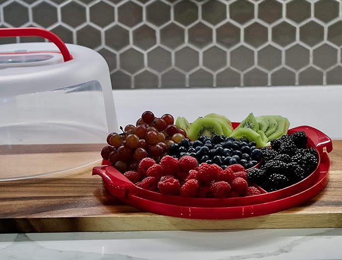 Top Shelf Elements Round Cake Carrier For Up To 10 Inch Cake Portable Cake Stands Two Sided Cake Box With Handle Fashionable Base Doubles as Five Section Serving Tray Container Holds Pies(Scarlet)