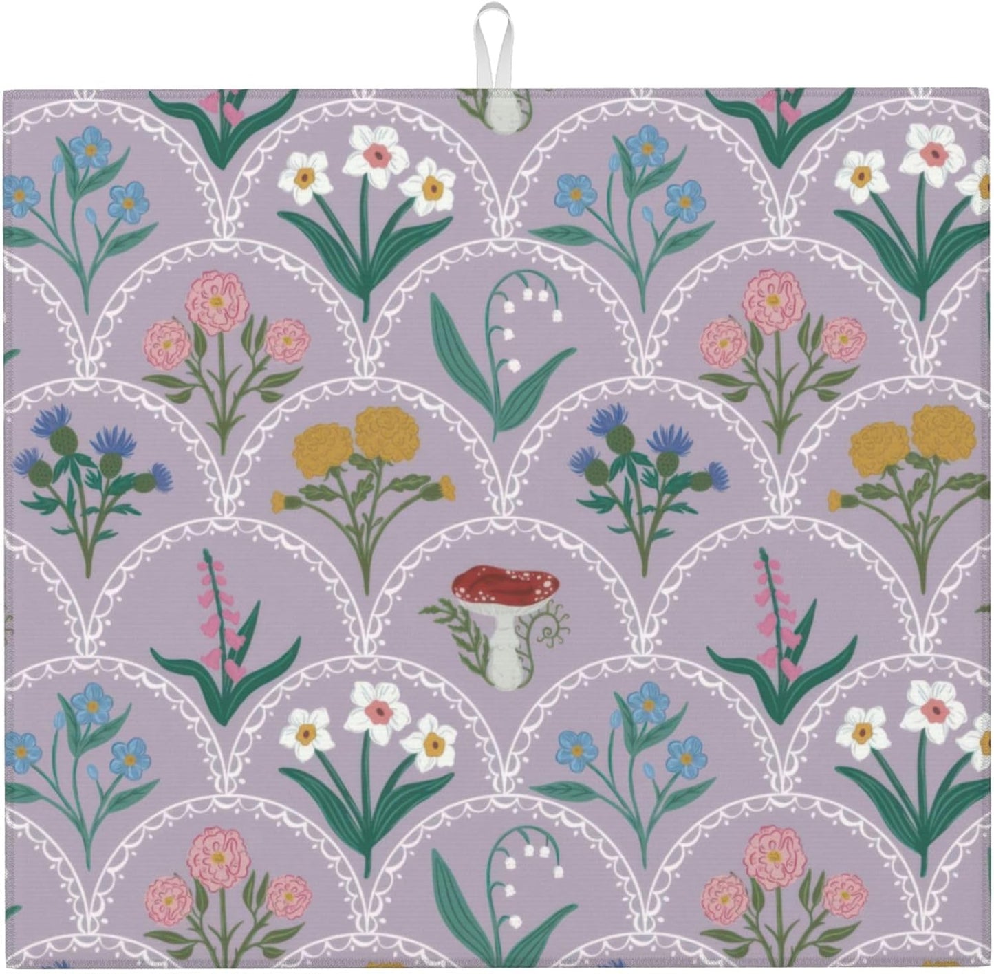 Vintage Flowers Dish Drying Mat 16x18 Inch, Microfiber Absorbent Fast Dry Mat Mushroom Floral Large Dish Mat Drying Kitchen Mat, Kitchen Drying Pad for Kitchen Counter Coffee Bar Decor Gifts