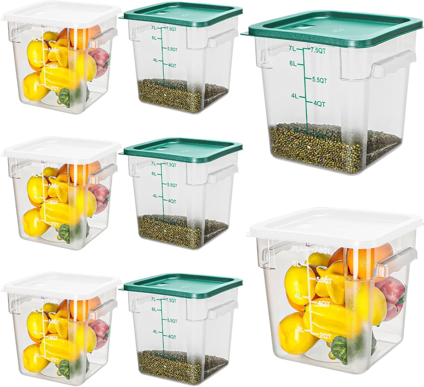 Lallisa 8 Pack 8 Qt Clear Food Storage Container with Handles and Lid Commercial Grade Square Food Storage Containers Polycarbonate Air Tight box for Home Kitchen Restaurant (Green, White)