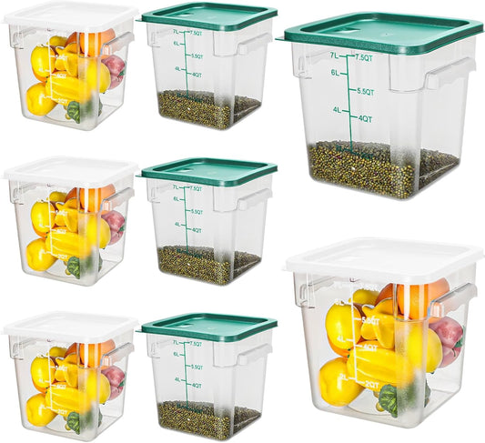 Lallisa 8 Pack 8 Qt Clear Food Storage Container with Handles and Lid Commercial Grade Square Food Storage Containers Polycarbonate Air Tight box for Home Kitchen Restaurant (Green, White)
