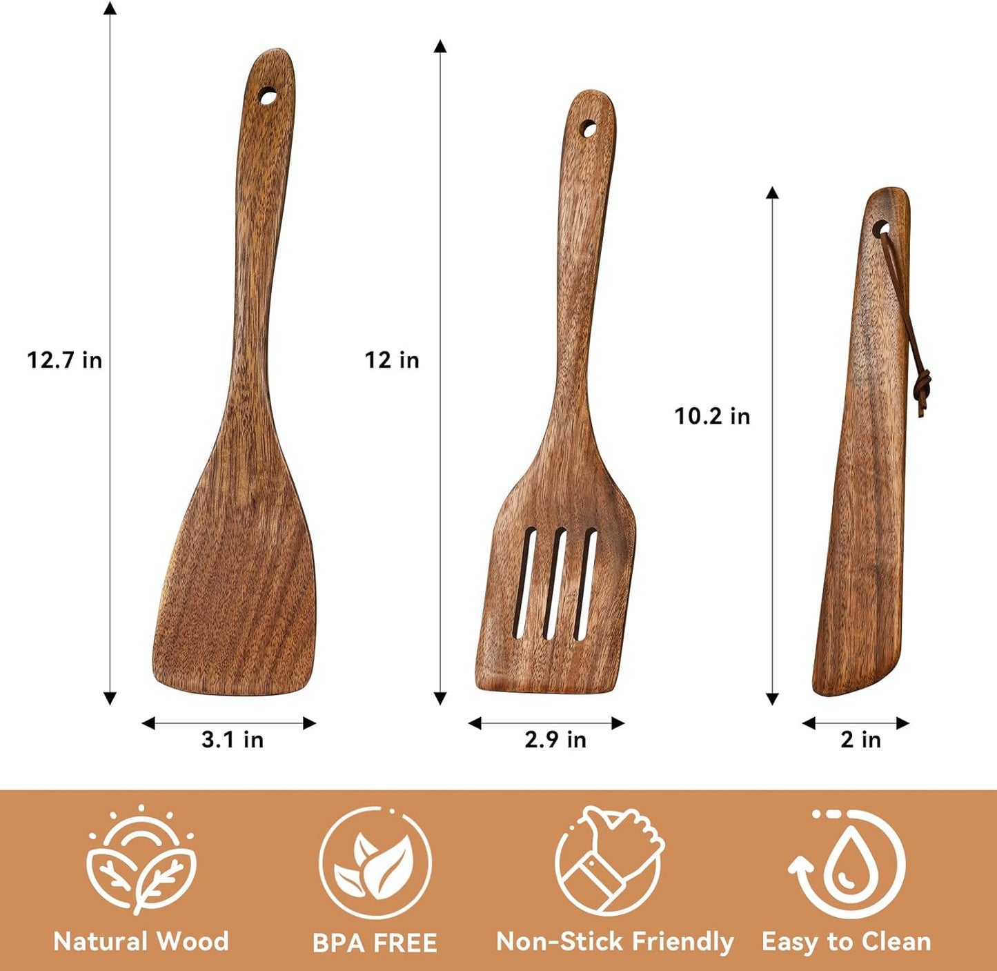 3Pcs Wooden Spatulas, Wooden Spatula for Cooking Long Handle Frying Turner Non-Stick Slotted Spurtle and Wood Scraper for Flipping, Scraping, and Turning, Cooking Utensils Set
