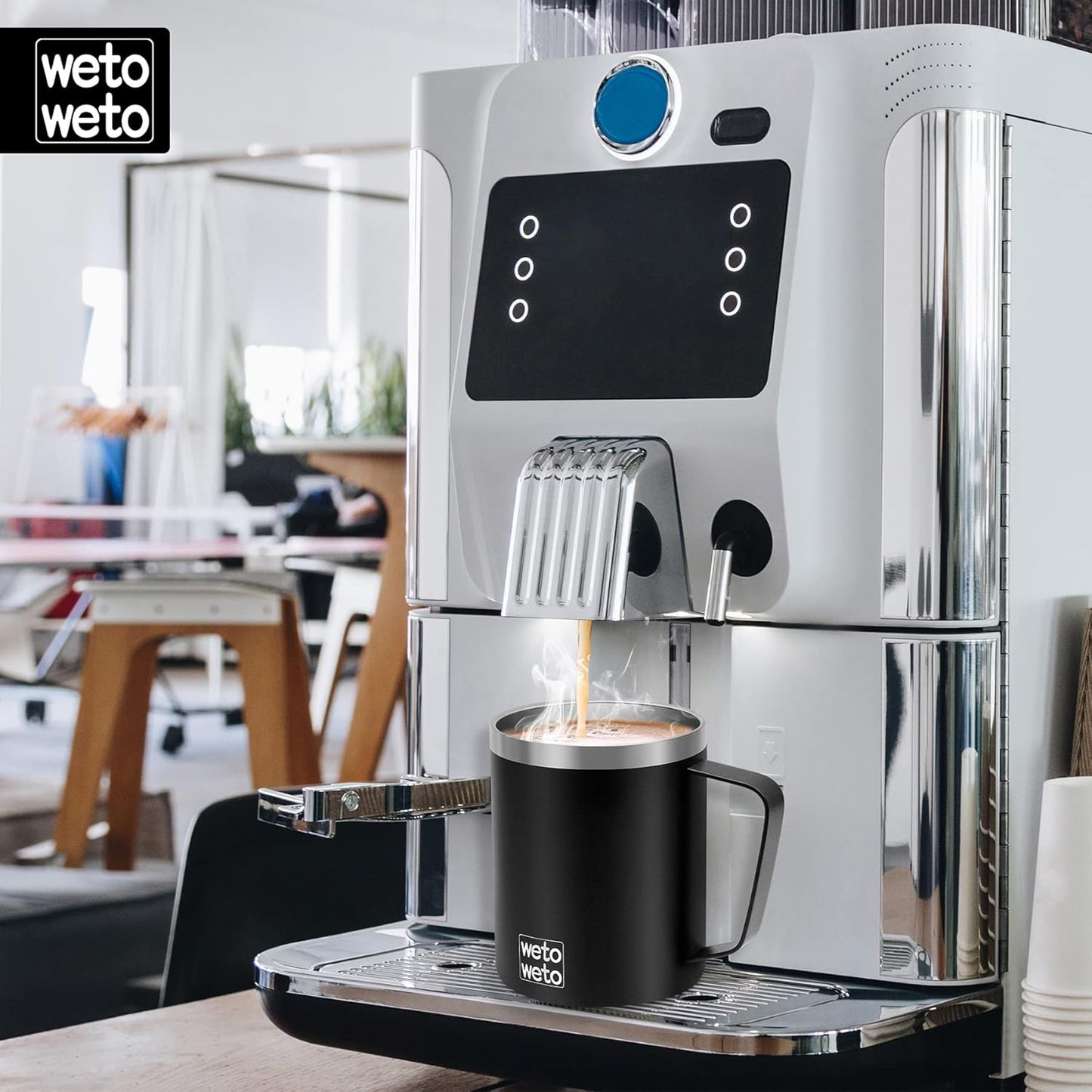 WETOWETO Coffee Mug with Handle, 14oz Insulated Stainless Steel Reusable Coffee Cup, Double Wall Coffee Travel Mug, Powder Coated Black