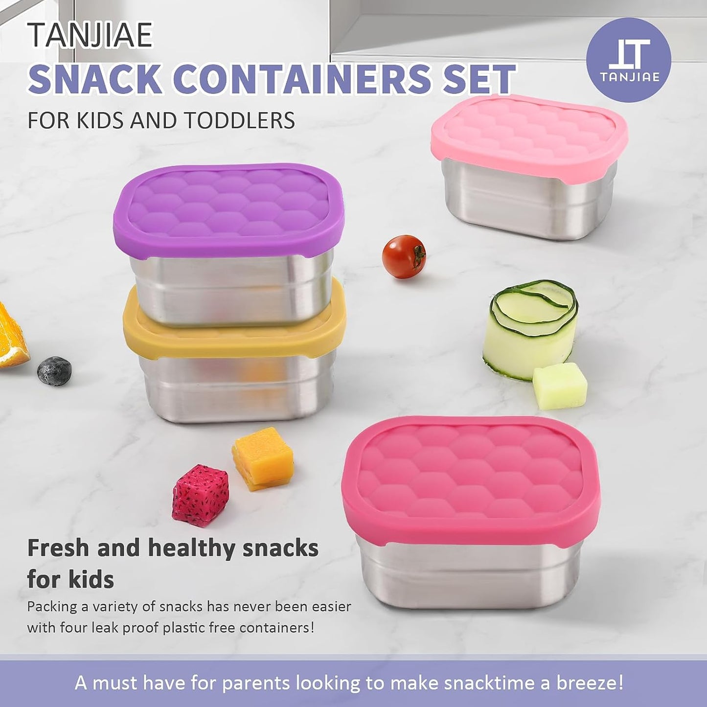 4Pack Small (1 CUP) 8oz Stainless Steel Snack Containers for Kids | Reusable Easy Open Toddler Snack Containers with Silicone Lids | Stackable Toddler Lunch Box for Daycare, School and Travel
