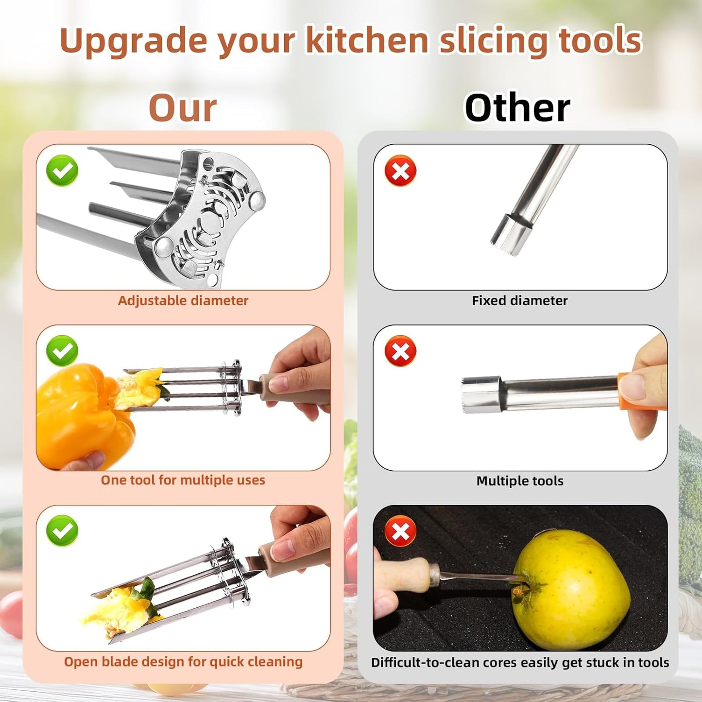 Fruit and Vegetable Core Remover, Stainless Steel Adjustable Red Bell Pepper Corer Practical Kitchen Apple Remover Gadget for Removing Fruit & Vegetable Cores