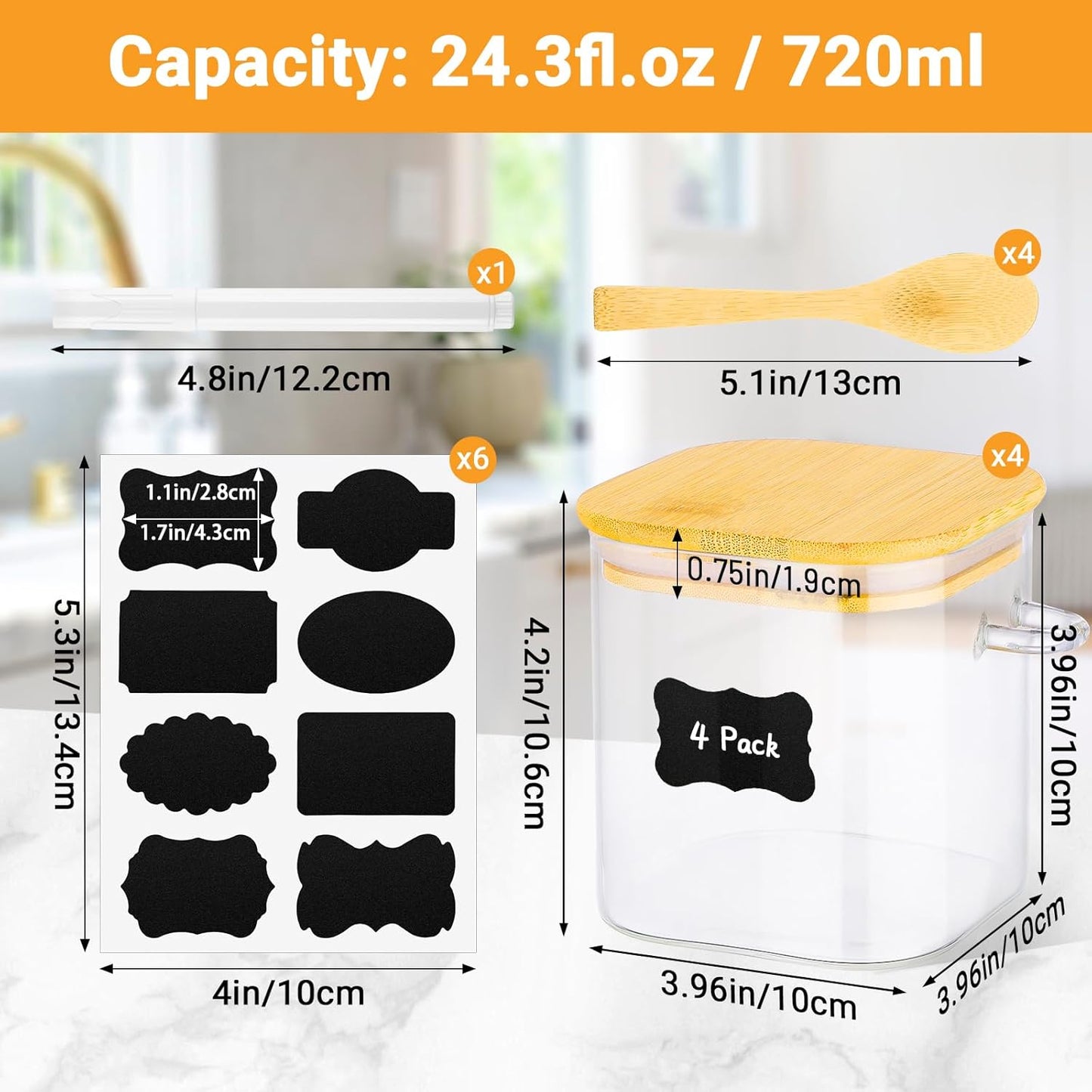 Glass Jars with Bamboo Lids - 4 Pack 24 Fl.oz Square Glass Mason Jars with Airtight Lid and Spoon, Clear Kitchen Pantry Container Stackable Food Canister for Coffee, Sugar, Tea, Candy, Cookie