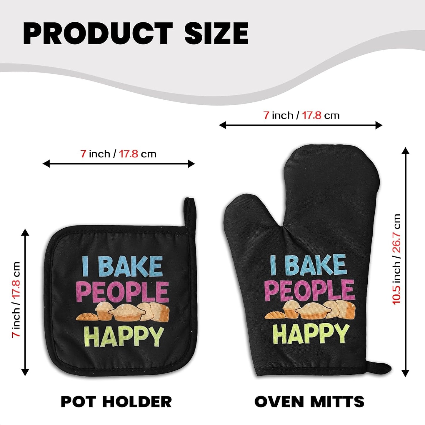 Funny Baking Oven Mitts and Pot Holders（Set of 2） I Bake People Happy Heat Resistant Mitts Silicone Non-Slip Oven Mitts Bake Lover Gift Novelty Birthday Gift for Women Men Friend Sister Chef