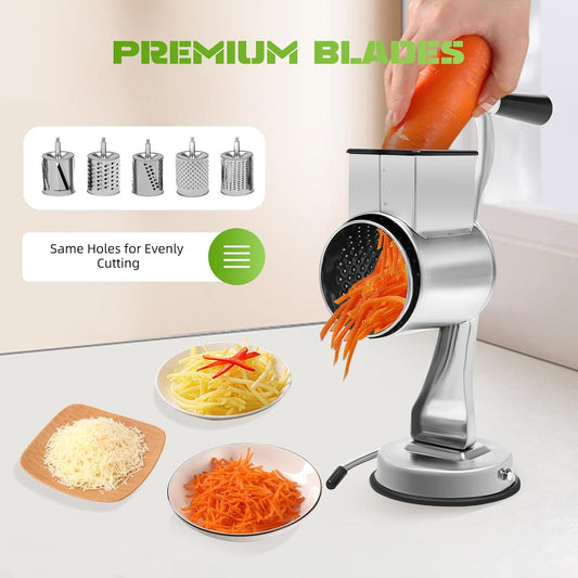 5-in-1 Rotary Cheese Grater & Vegetable Slicer with 5 Interchangeable Blades, Stainless Steel - Rotary Grater Slicer for Fruit, Vegetables, Nuts and More