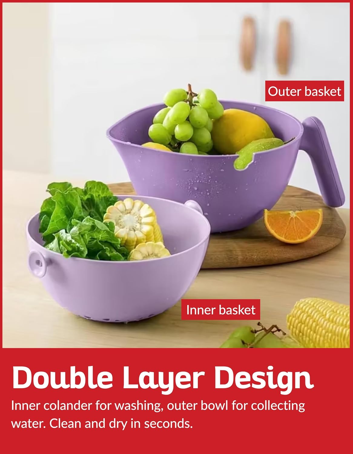 Multi Functional Draining Basket – Double Layer Colander & Bowl Set for Pasta, Fruits, Vegetables & Rice – Durable BPA-Free, Dishwasher Safe - Purple
