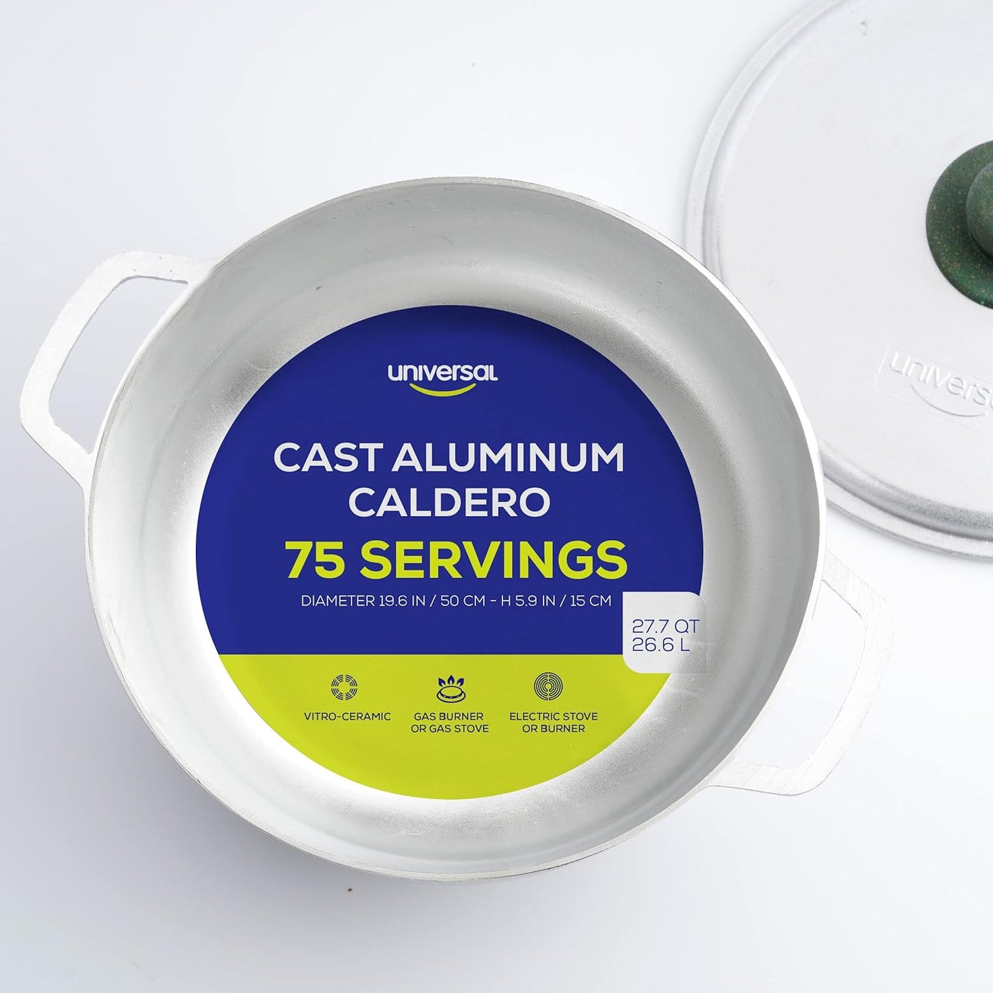 Universal (Professional Extra Large) Caldero 75 Cups - 27.7 QT / 26.6 L, Stainless Aluminum Pot, Even Heat Distribution and Fast Cooking Dutch Oven Pot with Ergonomic Handles, Ideal for Rice, and More