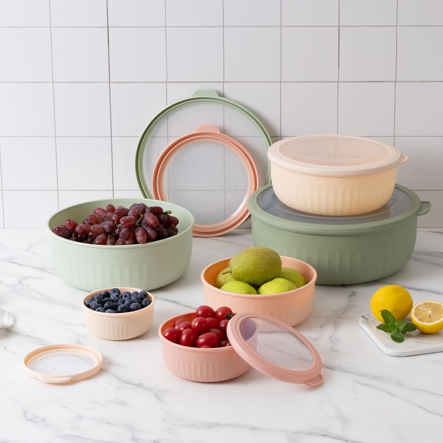 COOK WITH COLOR Prep Bowls with Lids- Wide and Deep Nesting Plastic Small Mixing Bowl Set with Lids, 12 Piece Set - Wide Bowls, Mint/Pink