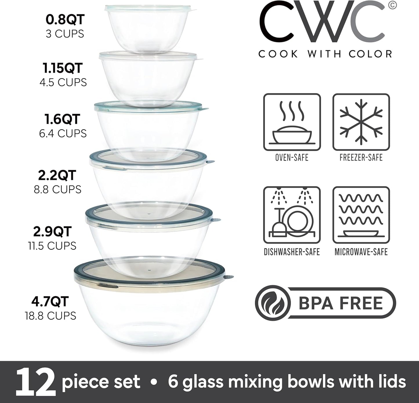 COOK WITH COLOR 12 Pc Glass Mixing Bowl Set with Lids – Borosilicate Glass Nesting Bowls for Cooking, Baking and Meal Prep, Gray