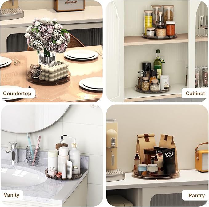 2 Pack Decorative Trays, Brown Round Rotating Organizer Tray for Table Top, Cabinet, 9 Inch Turntable Non-Skid Fridge Lazy Susan, Kitchen Storage for Coffee Table Counter Vanity Bathroom