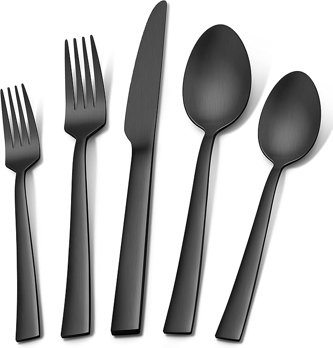 Herogo 40-Piece Matte Black Silverware Set for 8, Stainless Steel Square Flatware Cutlery Set, Tableware Eating Utensils Include Knife Spoon Fork, Satin Finish, Dishwasher Safe