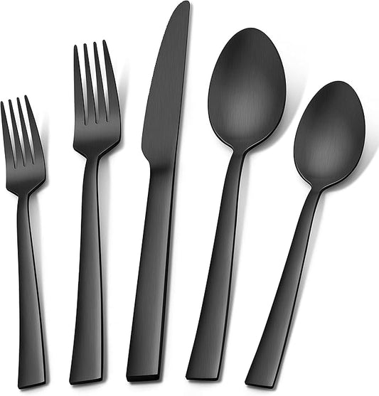Herogo 40-Piece Matte Black Silverware Set for 8, Stainless Steel Square Flatware Cutlery Set, Tableware Eating Utensils Include Knife Spoon Fork, Satin Finish, Dishwasher Safe
