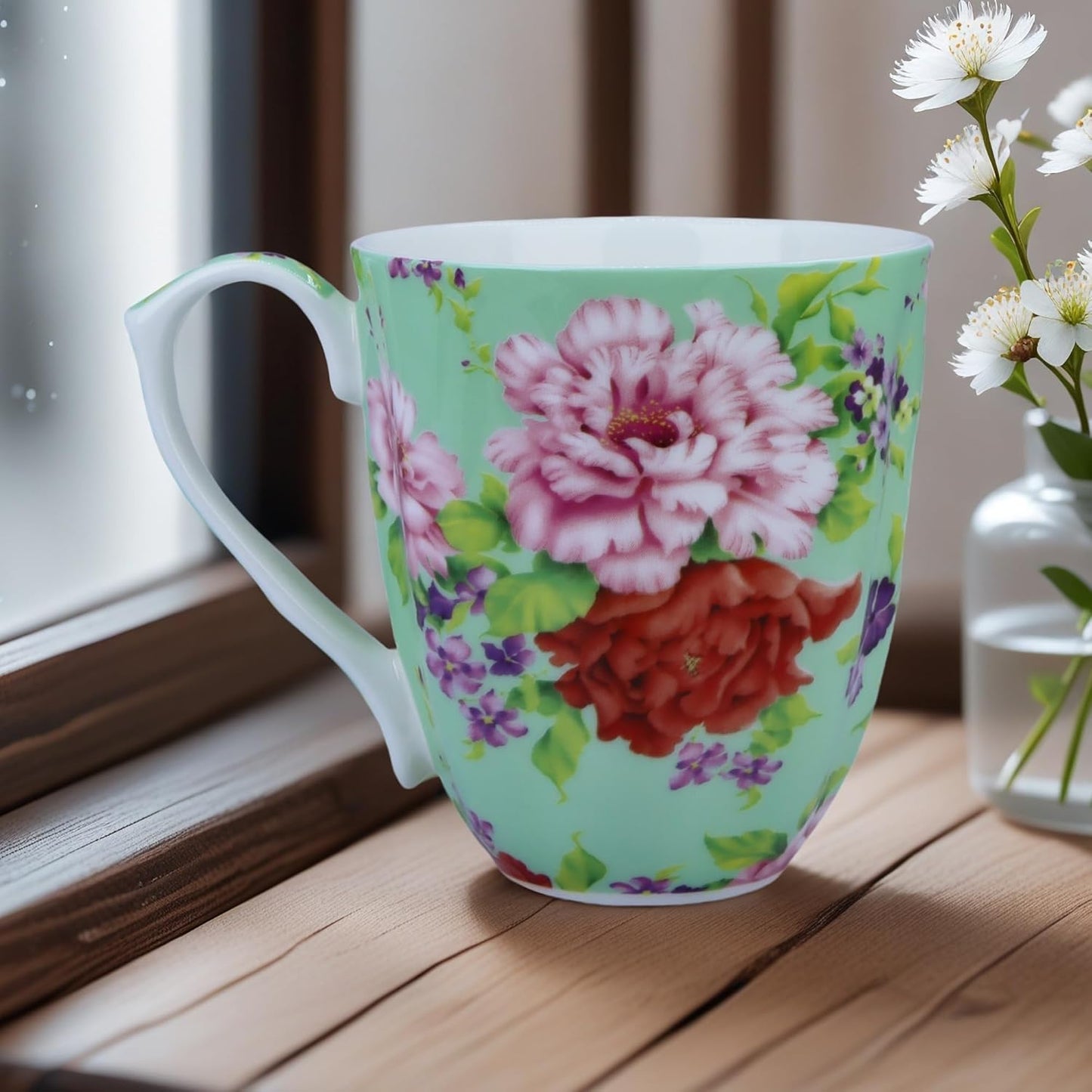 14oz Cute Coffee Mugs for Women Cute Mugs Bone China Floral Coffee Mug Teacups for Mom Women Birthday Gifts Christmas Gifts