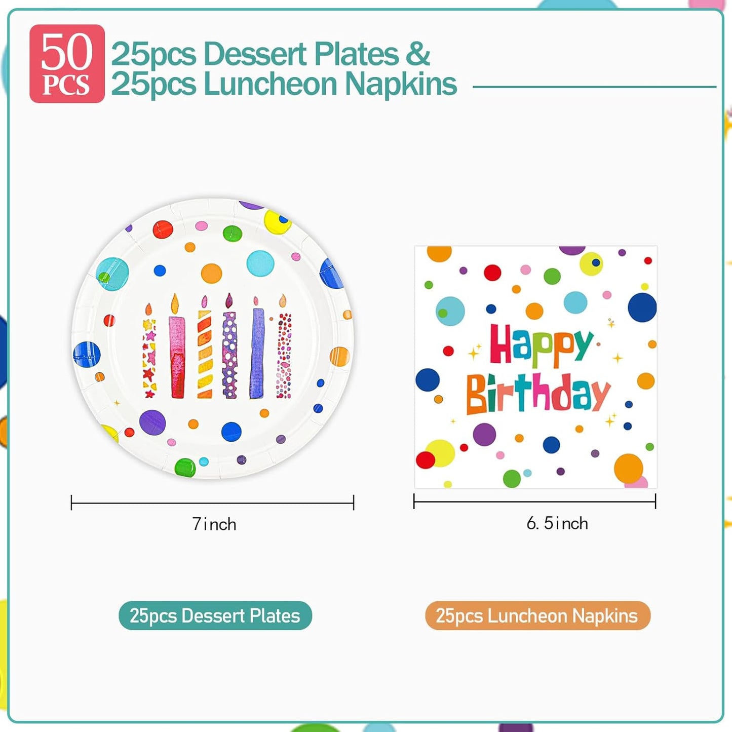 50PCS Happy Birthday Plates and Napkins, 7inch Colorful Dots Birthday Cake Dessert Plates Disposable Paper Dinnerware Set for Birthday's Party Supplies Decorations (Birthday's Candle, 7 Inch)