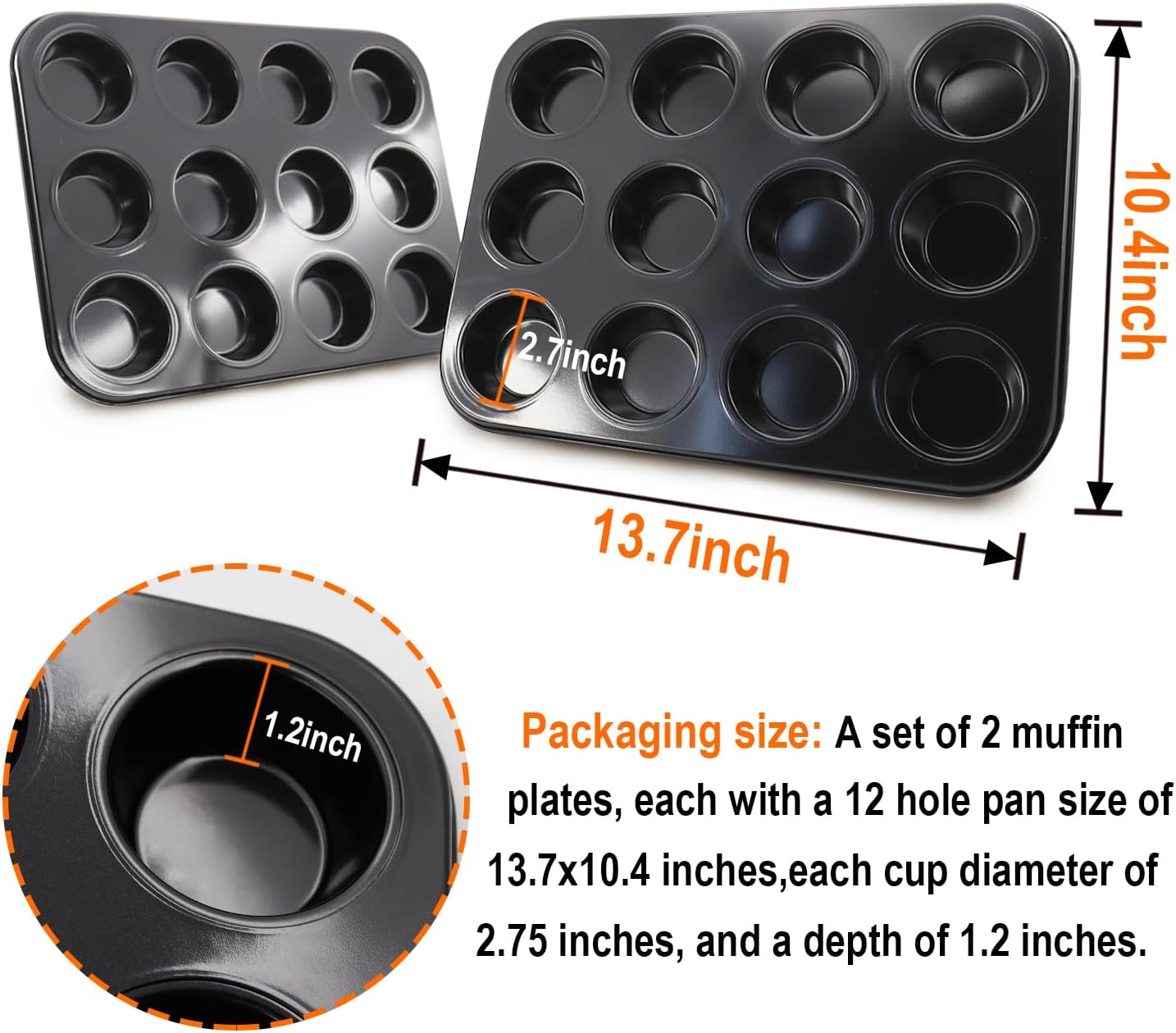 2 Packs Nonstick Round Muffin Baking Pan, Premium Steel Muffin Pan for Baking, Nonstick Cupcake Tin Cheesecake Pans, Bakeware Muffin Top Pan (12 Cups, Black)