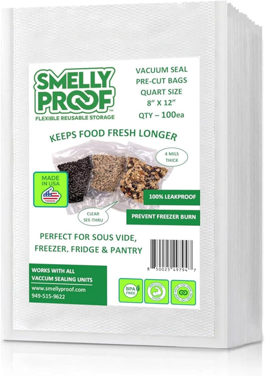 Smelly Proof Vacuum Bags, US Made – 100-Bags 8"x12" Quart, BPA FREE 4-Mil Vacuum Sealer Bags for Food, Seal Meal Bags, Freezer Storage, Meal Prep, Sous Vide Cooking & Storage