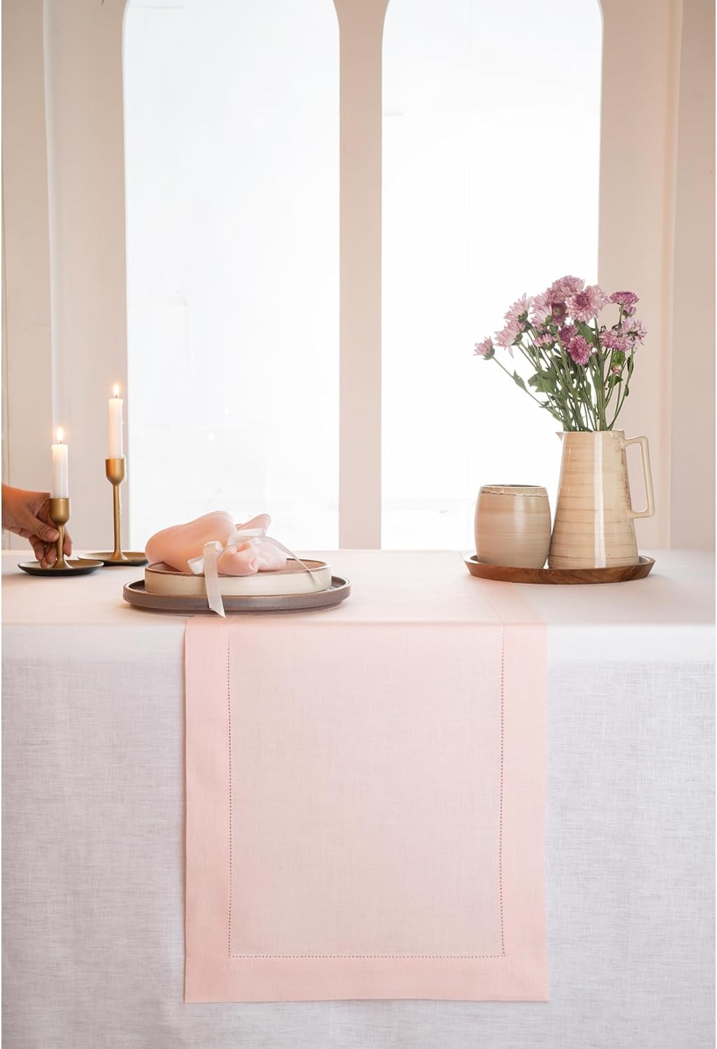 D'Moksha Homes Linen Pastel Pink Table Runner 60 Inches - Classic Hemstitch, 100% Pure Linen Coffee Table Runner 14 x 60 Inch Ideal for Dresser Tables - Fall, Autumn and Halloween