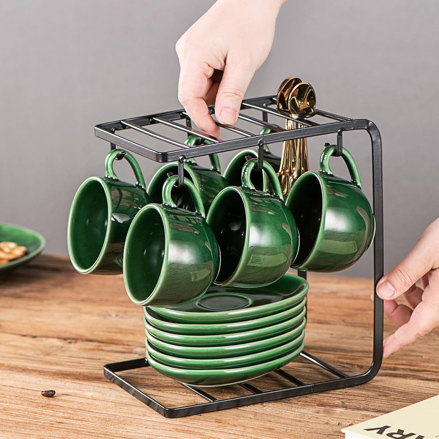 vicrays Ceramic Espresso Coffee Cups - 4 oz Porcelain Espresso Cups Set with Saucers Spoons and Metal Stand for Tea Cafe Cappuccino Latte - Set of 6 - Green
