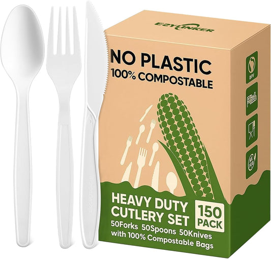 Heavy Duty Compostable Utensils Set (150Pack), Eco-Friendly Heavyweight No-Plastic Forks, Spoons, Knives Cutlery Set - 100% Disposable Cornstarch Flatware for Lounge Party Wedding BBQ Picnic Camping