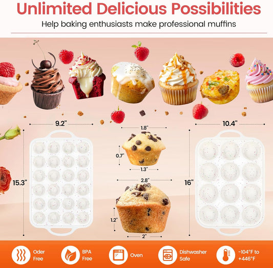 Silicone Muffin Pan with Metal Reinforced Frame - 12 Cups Muffin Pan With 24 Cups for Homemade Muffins, Cupcakes, Oven and Dishwasher Safe - Set of 2, Rainbow Dots