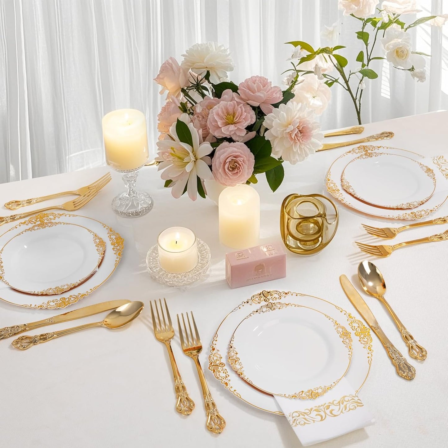 Ciaell 300PCS White and Gold Plastic Plates - Gold Disposable Dinnerware Sets for 50 Guests - 100 Plates, 50 Knives, 50 Forks, 50 Spoons, and 50 Napkins for Wedding, Anniversary, Party & Thanksgiving