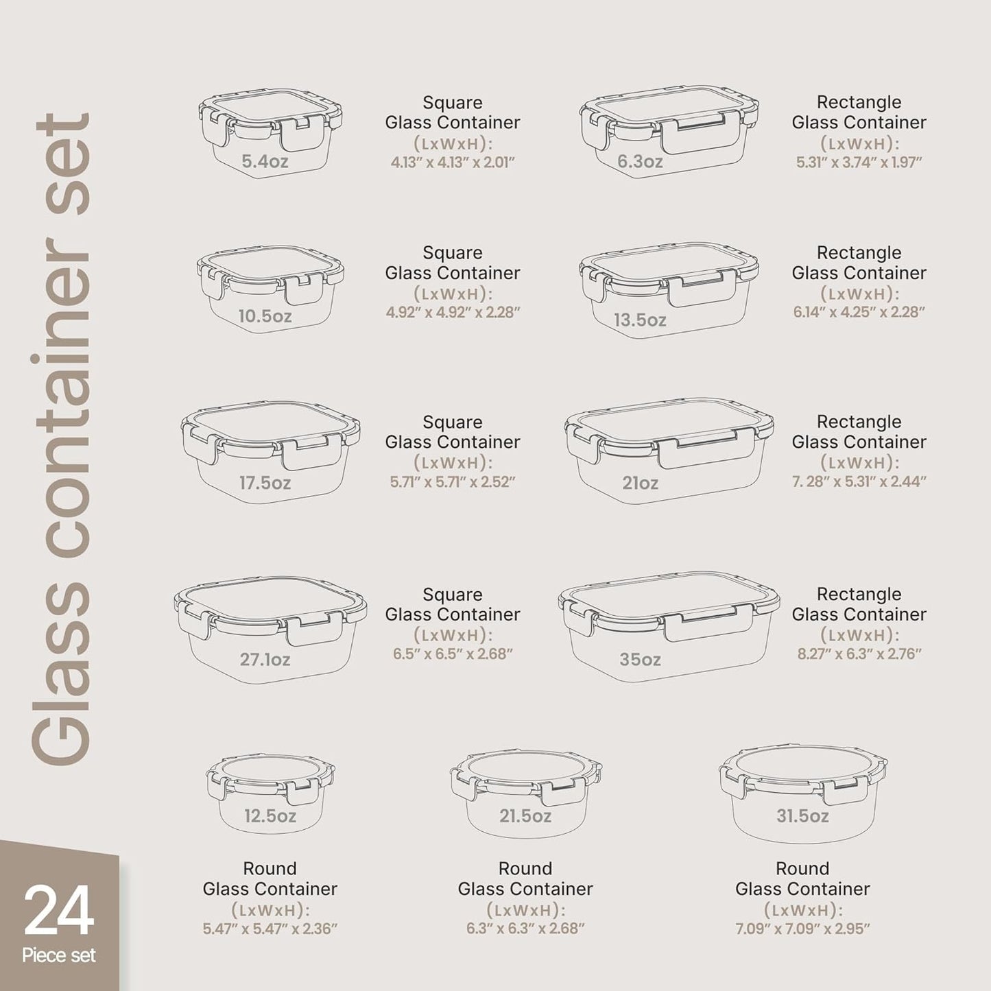 Bakken Borosilicate Glass Food Storage Containers with Lids 24 Pieces, BPA-Free Stackable Lunch & Leftover Containers, Microwave, Freezer & Dishwasher Safe, 100% Airtight Leak-Proof, Black