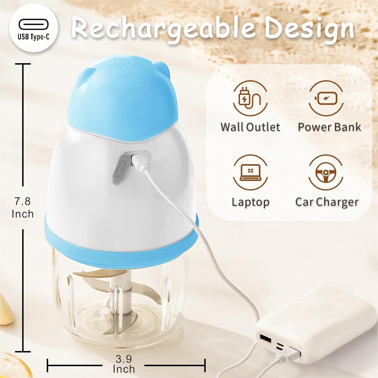 Baby Food Maker, Cordless Food Processor Puree Blender with 350ml Glass Bowl ＆ 6 Sharp Blades, Small Wireless Chopper Baby Puree Maker, Mini Rechargeable Chopper Kitchen Mixer for Fruit,Vegetable,Meat