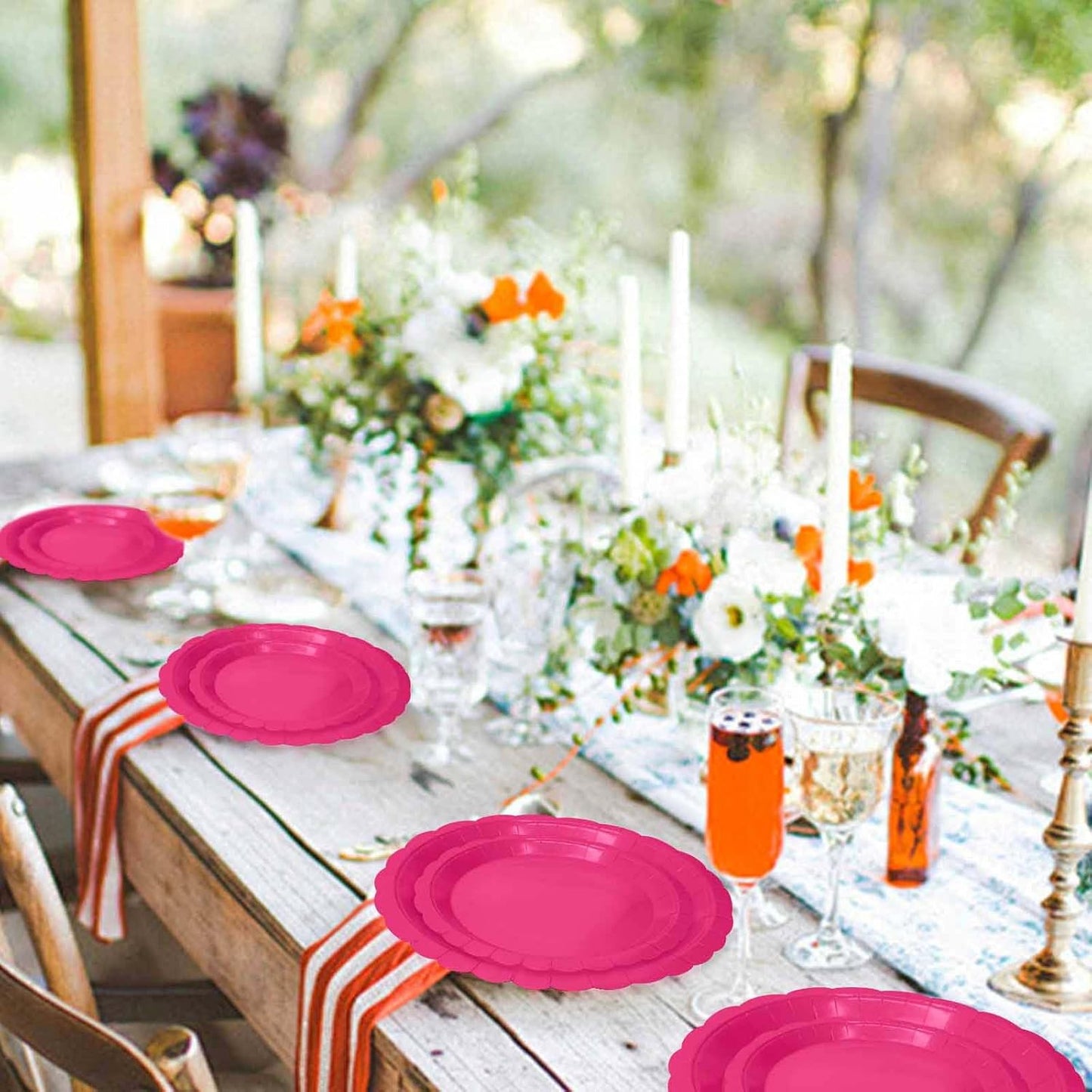 50 Pcs Hot Pink Scalloped Paper Plates 25 × 7'' and 25 × 9'' Disposable Hot Pink Scalloped Dinner Plates for Wedding Baby Shower Birthday Party Disposable Dessert Plate