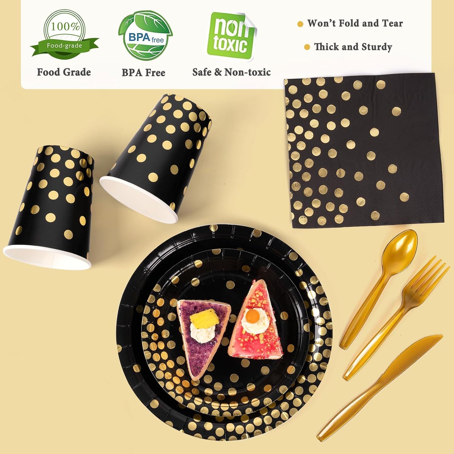 DECORLIFE 336PCS Black and Gold Disposable Dinnerware Set Serves 48, Black Paper Plates Napkins Cups, Gold Plastic Forks Spoons Knives for Graduation New Year Party Supplies