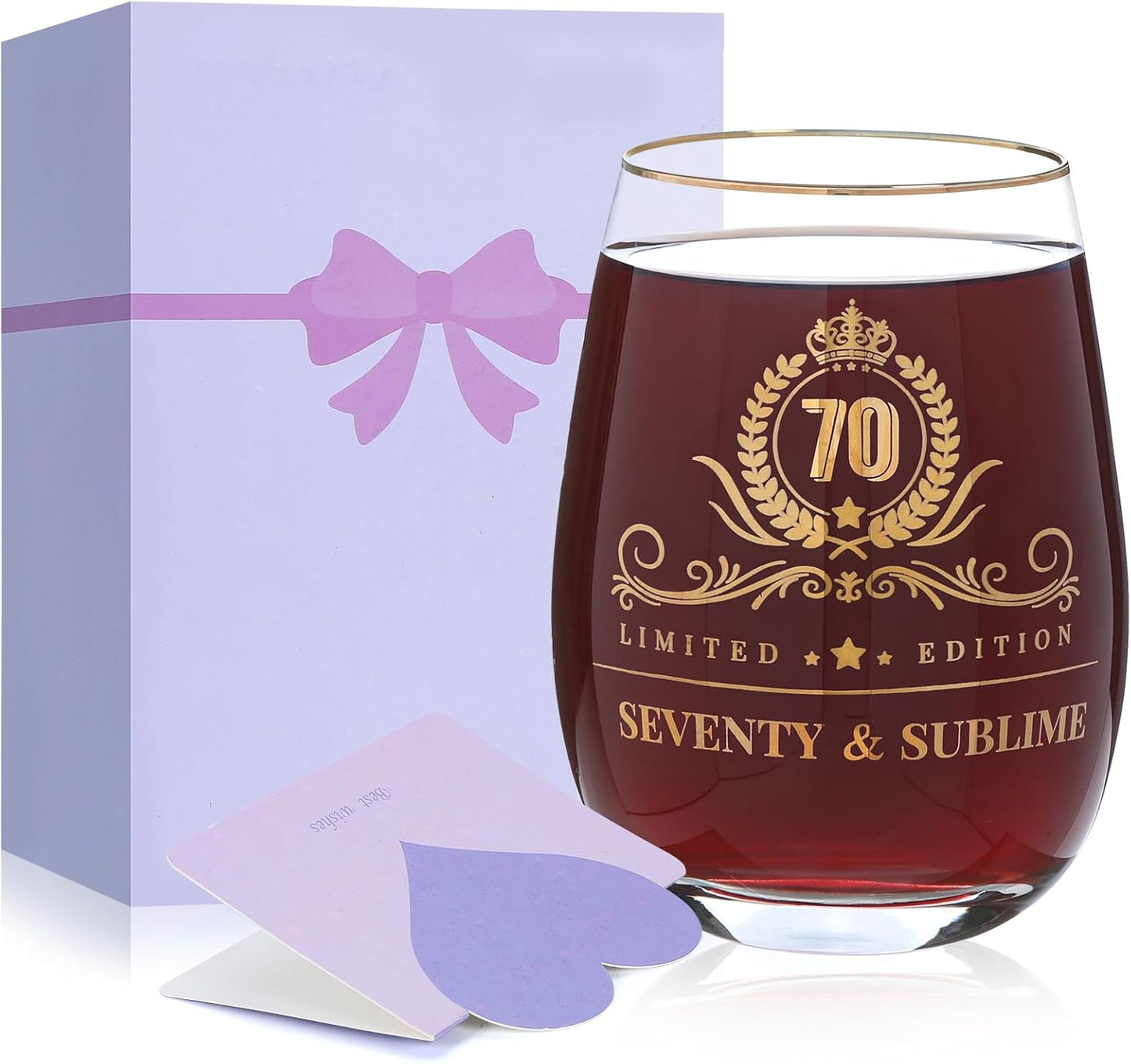 70th Birthday Gifts for Women - Gold Accent Stemless Wine Glass with Premium Gift Box and Blank Card, Meaningful 70 Year Old Gifts for Grandma, Mom, Matriarch (Seventy & Sublime)