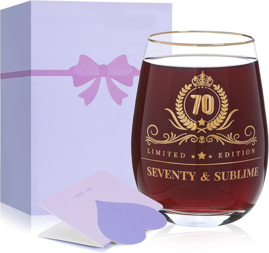 70th Birthday Gifts for Women - Gold Accent Stemless Wine Glass with Premium Gift Box and Blank Card, Meaningful 70 Year Old Gifts for Grandma, Mom, Matriarch (Seventy & Sublime)