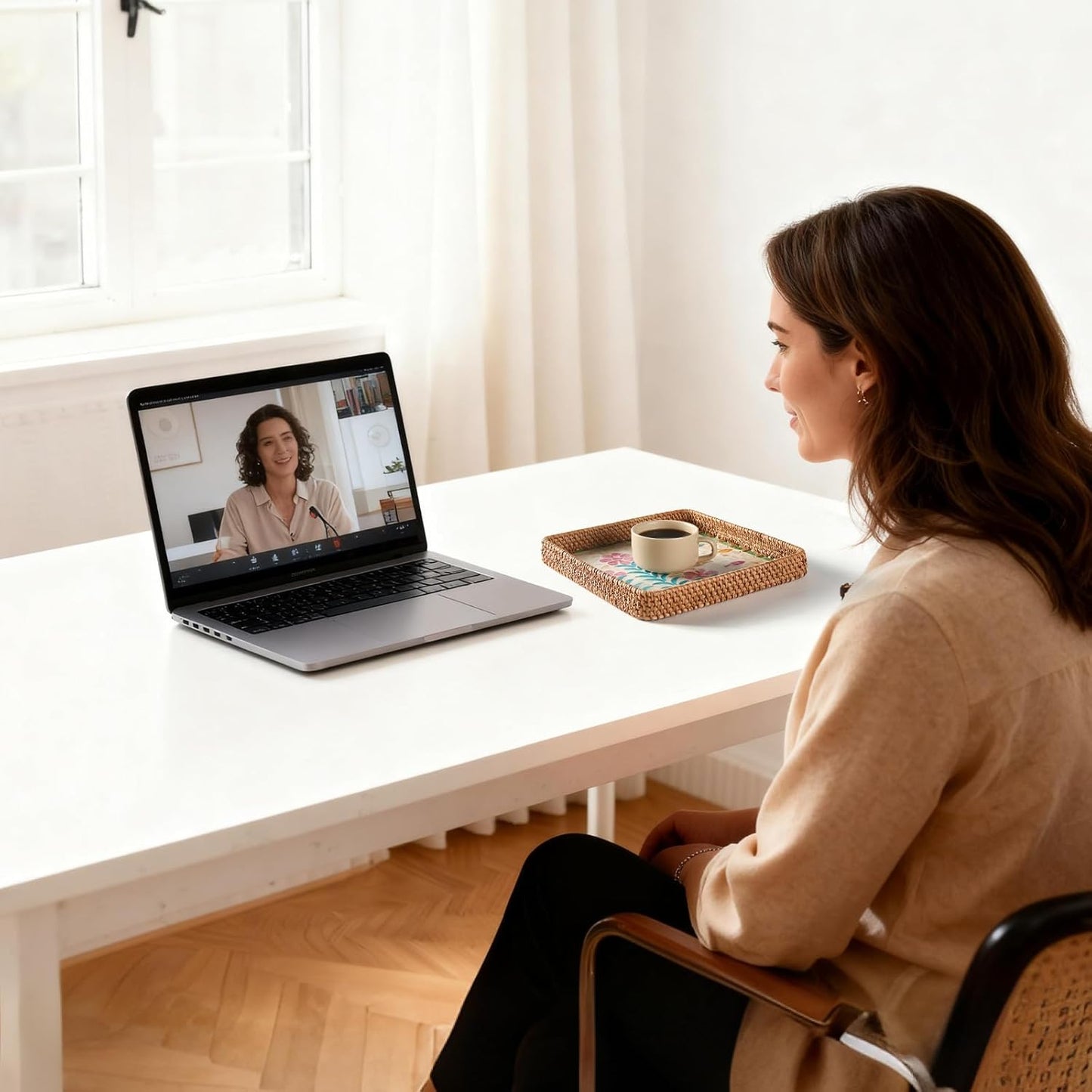 Rattan Tray with Mother of Pearl Inlay, Boho Coffee Table Decor, Decorative Serving Tray, Farmhouse Gift for Living Room & Bathroom