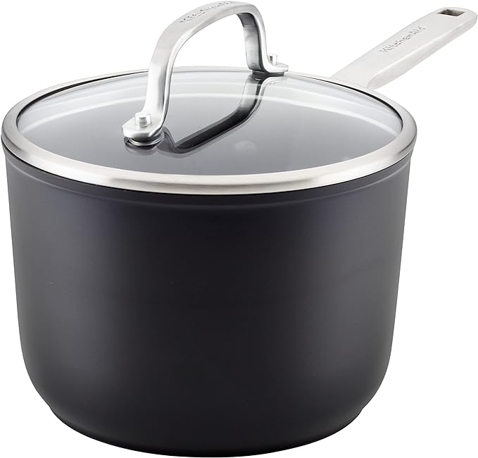 KitchenAid Hard Anodized Induction Nonstick Saucepan with Lid, 2 Quart -Matte Black